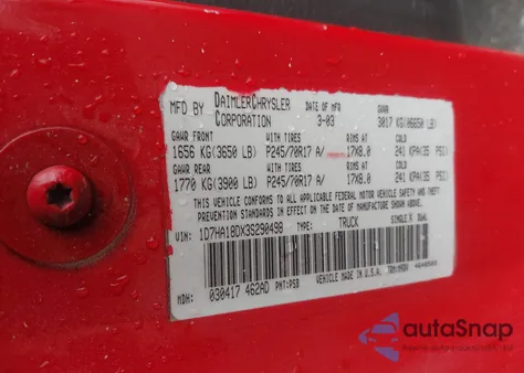 2003 Dodge Ram 1500 Slt/Laramie/St из США, поврежденный, VIN 1D7HA18DX3S290498